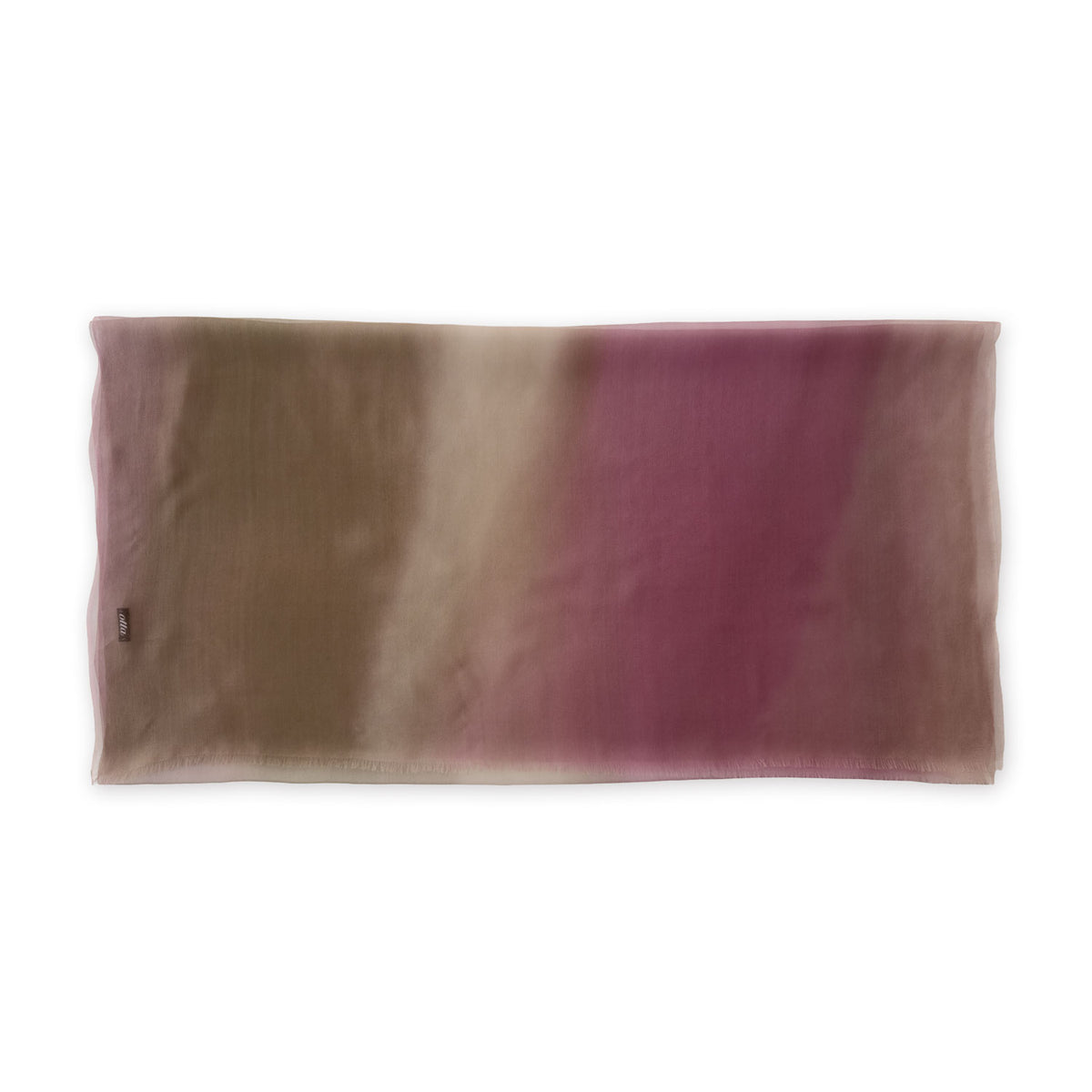 Hand-painted pure silk organza scarf by Otta-Italy flat lay on a white background. Pink, beige and brown luxury accessory. With delicate hand-fringed edges.
