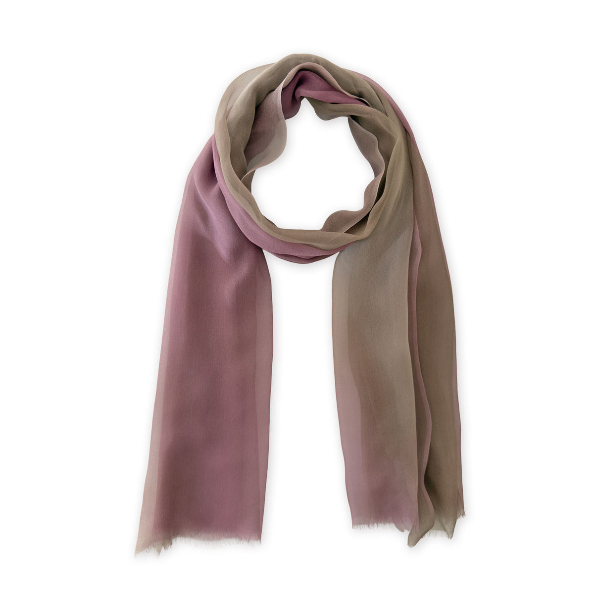 Loosely looped hand-painted Otta pure silk organza scarf on a white background, showcasing its sheer texture and length. 79 x 168 cm. With delicate hand-fringed edges.
