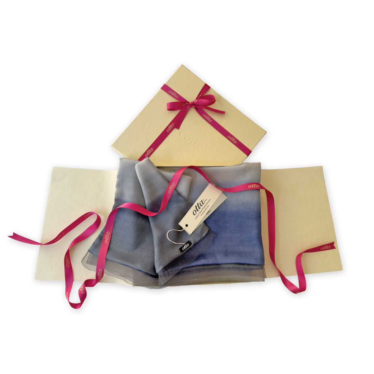 Set of scarves in a gift box with a pink ribbon on a white background. 
Hand-painted silk scarf by Otta-Italy, 24 x 168 cm, featuring gray and midnight blue colors. Luxury Italian silk scarf, soft and lightweight scarf for women and men.
