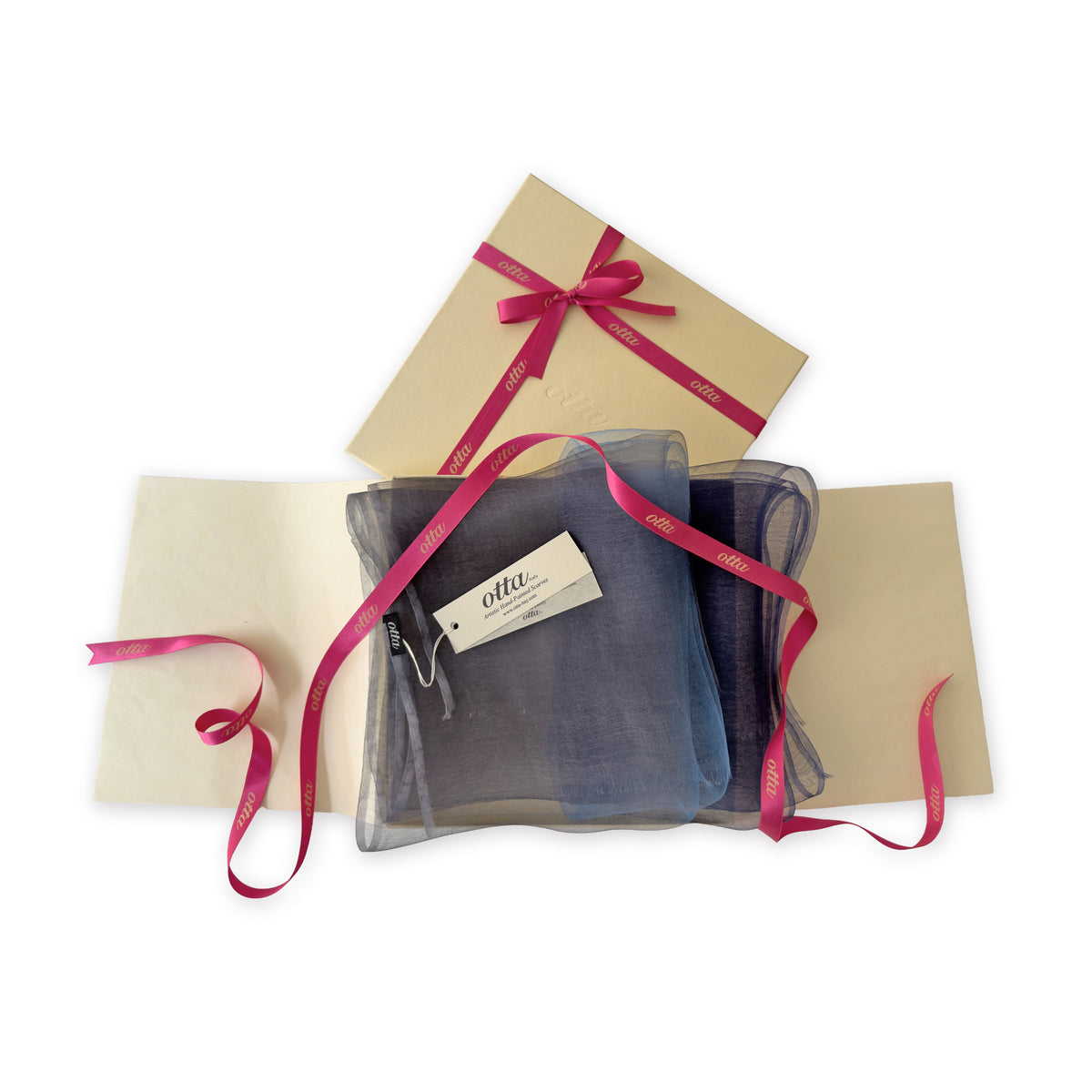 Set of scarves in a gift box with a pink ribbon on a white background. 
Hand-painted silk scarf by Otta-Italy, 50 x 200 cm, featuring gray, midnight blue and blue colors. Luxury Italian silk scarf, soft and lightweight scarf for women and men.
