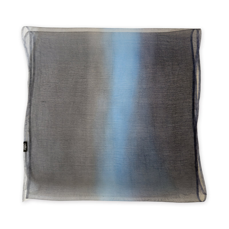 Gradient scarf on a white background. Hand-painted pure silk scarf by Otta-Italy, 50 x 200 cm, featuring gray, midnight blue and blue. Luxury Italian silk accessory, soft and lightweight scarf for women and men.
