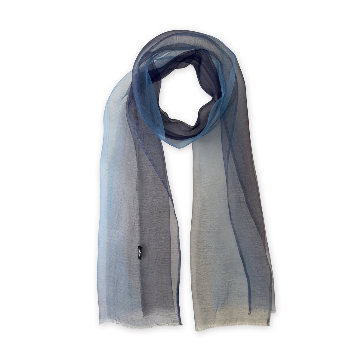 Gradient scarf on a white background. Hand-painted pure silk scarf by Otta-Italy, 50 x 200 cm, featuring gray, midnight blue and blue. Luxury Italian silk accessory, soft and lightweight scarf for women and men.
