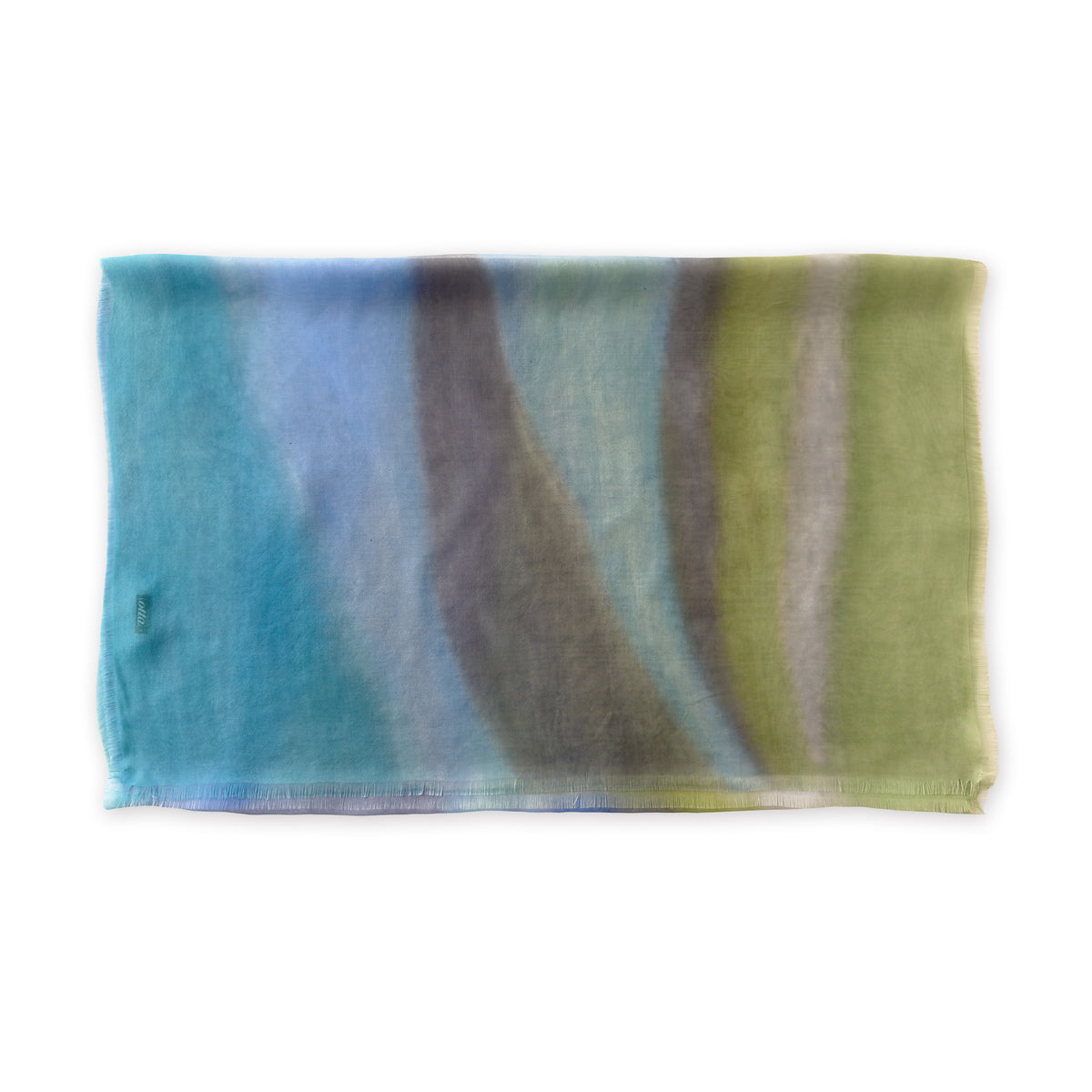 A hand-painted silk scarf by Otta-Italy on a white background, measuring 65 x 175 cm, featuring 
blue, green and gray shades. Luxury Italian pure silk accessory, soft, fresh and lightweight scarf for women and men.

