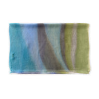 A hand-painted silk scarf by Otta-Italy on a white background, measuring 65 x 175 cm, featuring 
blue, green and gray shades. Luxury Italian pure silk accessory, soft, fresh and lightweight scarf for women and men.


