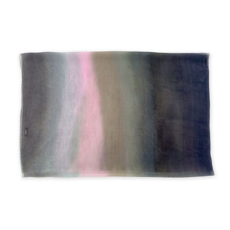 Multicolored silk scarf on a white background. Hand-painted silk scarf by Otta-Italy, 177 x 65 cm, featuring gray and pink n shades of colors. Luxury Italian silk, soft and lightweight scarf for women and men.