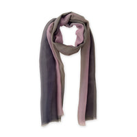 Colorful silk scarf in gray and pink shades on a white background. t is hand-painted scarf in measures 177 x 65 cm by otta-italy scarves brand. Luxury Italian silk accessory, soft and lightweight scarf for women and men.
