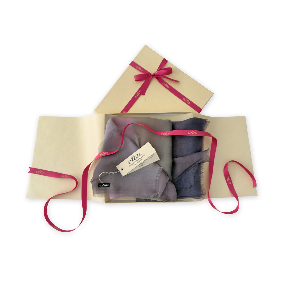 Set of scarves in a gift box with a pink ribbon on a white background. 
Hand-painted silk scarf by Otta-Italy, 177 x 65 cm, featuring gray and pink colors. Luxury Italian silk scarf, soft and lightweight scarf for women and men.

