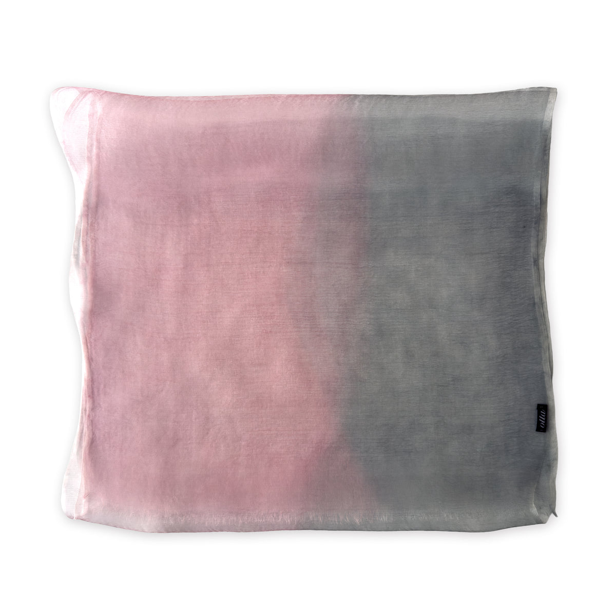 Colorful scarf on a white background. Hand-painted pure silk scarf by Otta-Italy, 50 x 200 cm, featuring 
pink and light gray. Luxury Italian pure silk accessory, soft and lightweight scarf for women and men.
