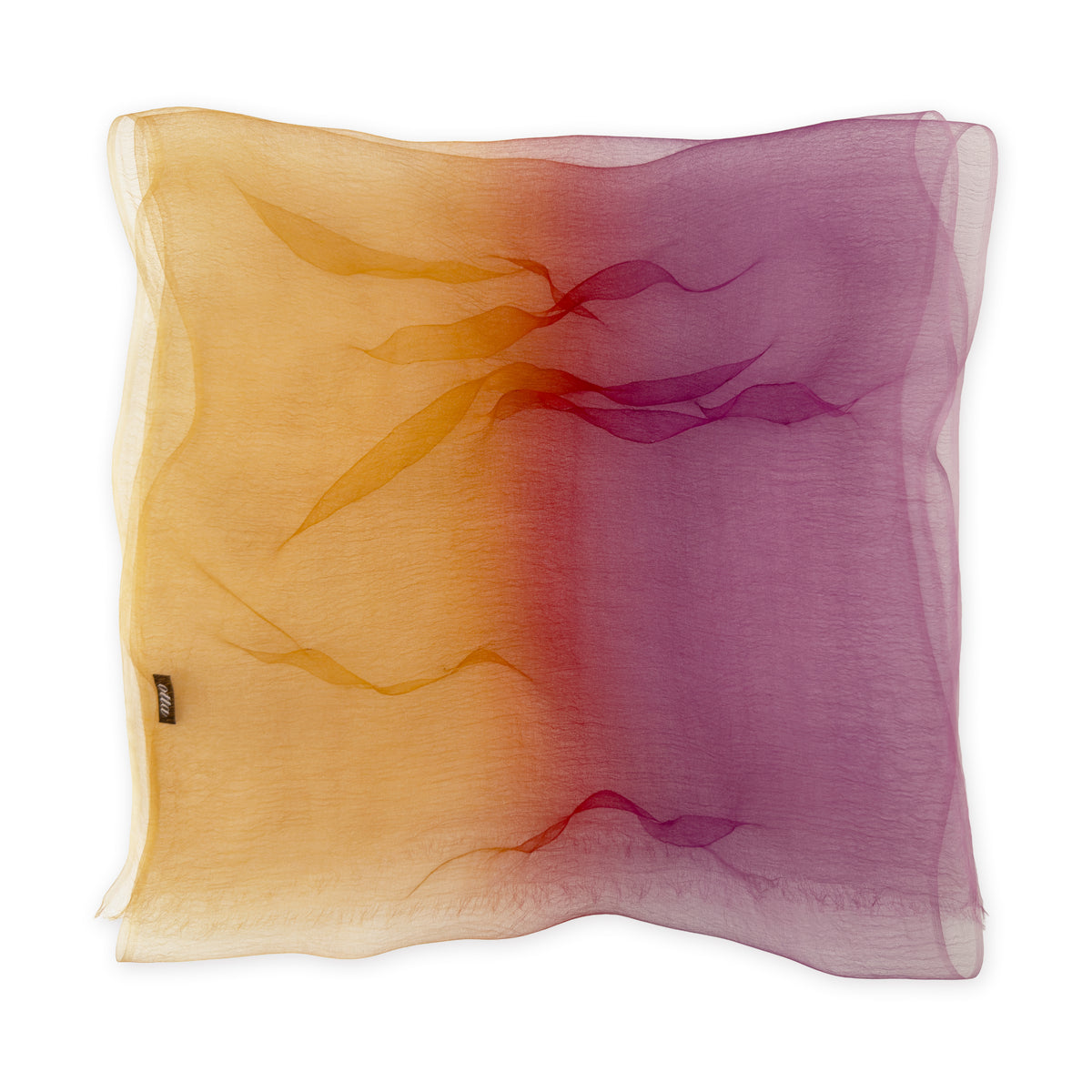 Hand-painted pure silk organza scarf by Otta-Italy flat lay on a white background. Orange, red and pink luxury accessory. With delicate hand-fringed edges.
