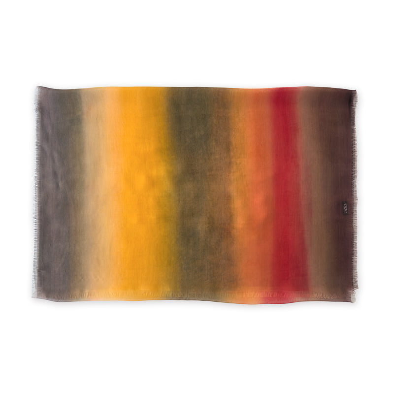 Gradient scarf on a white background. Hand-painted pure silk scarf by Otta-Italy, 176 x 64 cm, featuring red, orange, yellow and brown. Luxury Italian silk accessory, soft and lightweight scarf for women and men.
