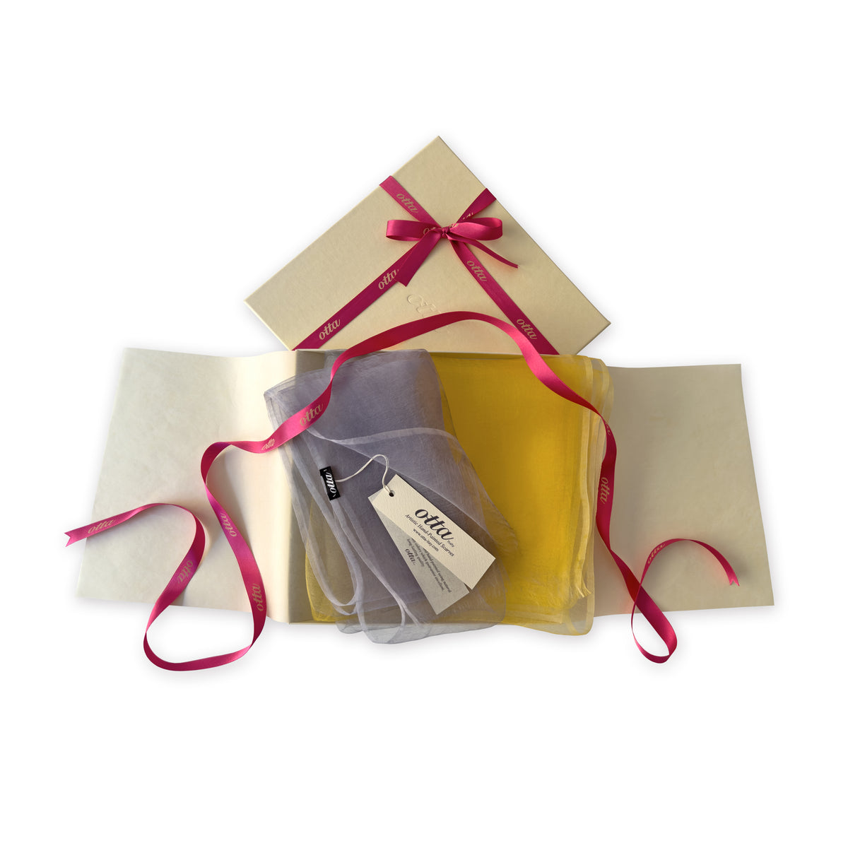 Set of scarves in a gift box with a pink ribbon on a white background. 
Hand-painted silk scarf by Otta-Italy, 50 x 194 cm, featuring yellow and gray colors. Luxury Italian silk scarf, soft and lightweight scarf for women and men.

