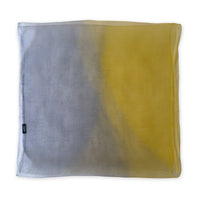 Multicolored silk scarf on a white background. Hand-painted silk scarf by Otta-Italy, 50 x 194 cm, featuring yellow and gray shades of colors. Luxury Italian silk, soft and lightweight scarf for women and men.
