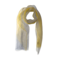 Colorful silk scarf in yellow and gray shades on a white background. t is hand-painted scarf in measures 50 x 194 cm by otta-italy scarves brand. Luxury Italian silk accessory, soft and lightweight scarf for women and men.
