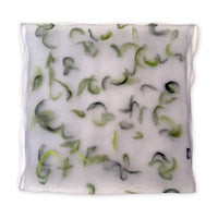 Hand-painted silk organza and wool felt scarf by Otta-Italy flat lay on a white background. Gray and green luxury textile-craft accessory.