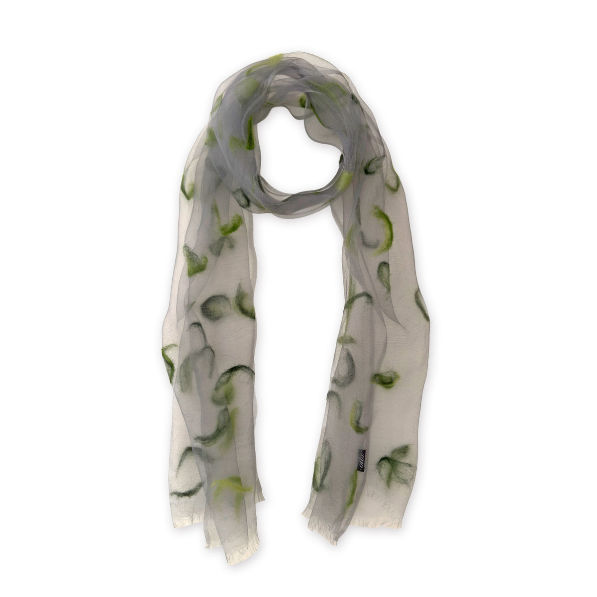 Loosely looped hand-painted Otta-Italy silk organza and wool felt scarf on a white background, highlighting its soft open texture, structural felt accents, and length. 183x44 cm.