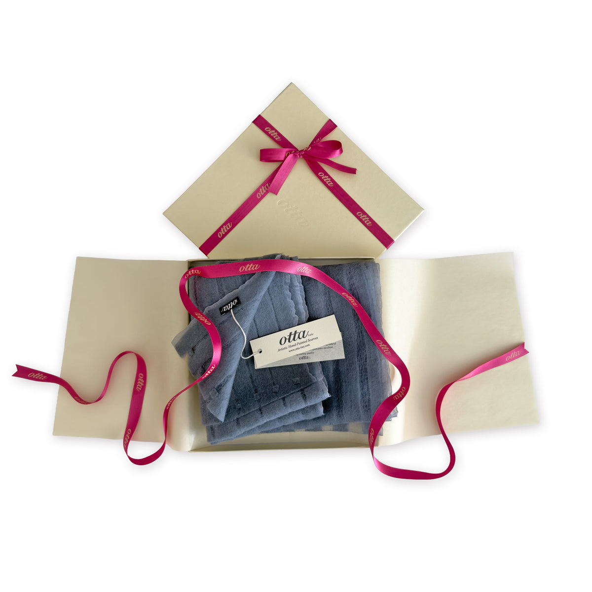 Set of scarves in a gift box with a pink ribbon on a white background. 
Hand-painted silk with hand-needle felted wool scarf by Otta-Italy, 40 x 176 cm, featuring 
gray shades. Luxury Italian pure silk accessory, soft, fresh and lightweight scarf for women and men.
