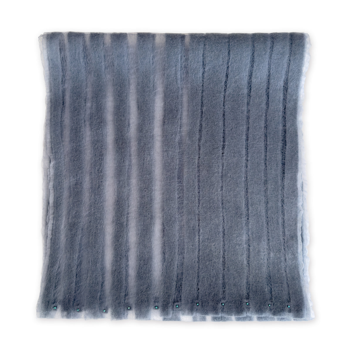 A hand-painted silk with hand-needle felted wool scarf by Otta-Italy on a white background, measuring 40 x 176 cm, featuring 
gray shades. Luxury Italian pure silk accessory, soft, fresh and lightweight scarf for women and men.
