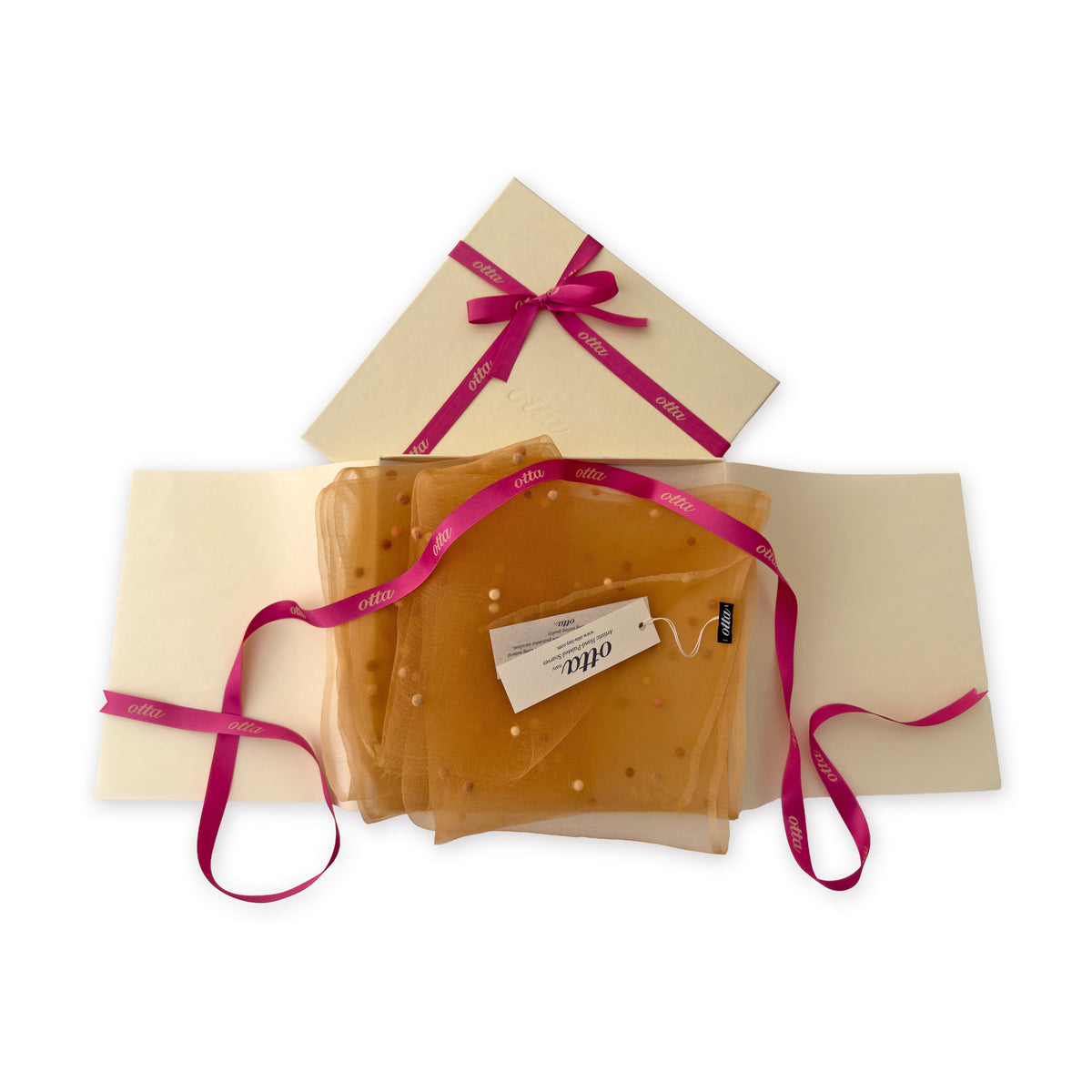 Set of scarves in a gift box with a pink ribbon on a white background. 
Hand-painted silk with hand-needle felted wool scarf by Otta-Italy, 183 x 44 cm, featuring 
orange, peach, beige and brown shades. Luxury Italian pure silk accessory, soft, fresh and lightweight scarf for women and men.
