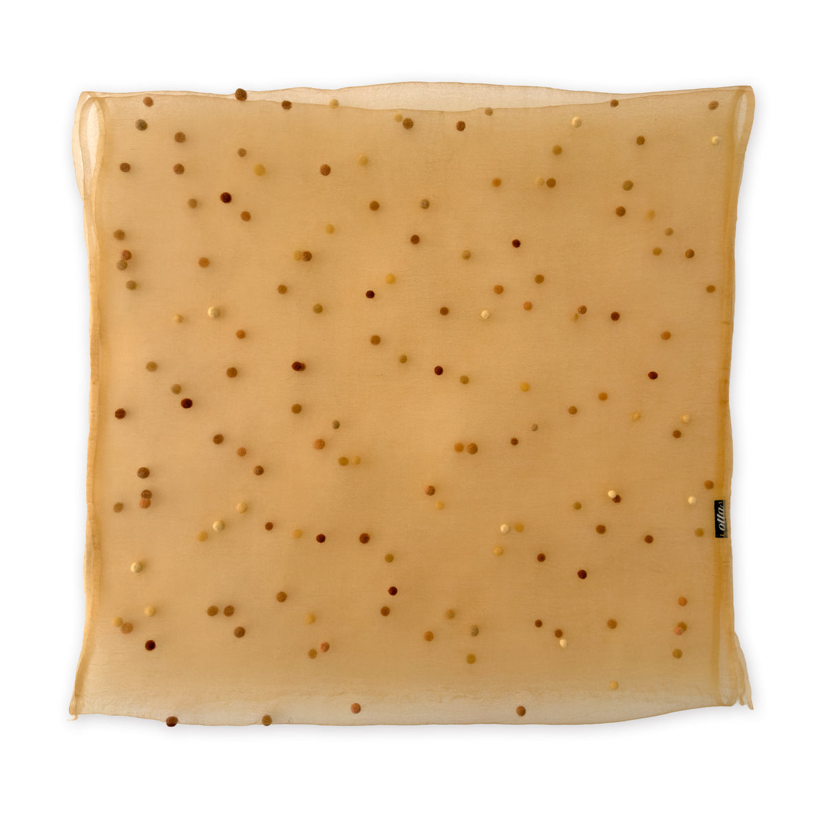 A hand-painted silk with hand-needle felted wool scarf by Otta-Italy on a white background, measuring 183 x 44 cm, featuring 
orange, peach, beige and brown shades. Luxury Italian pure silk accessory, soft, fresh and lightweight scarf for women and men.