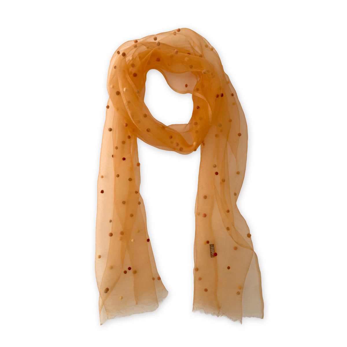 A hand-painted Otta pure silk with hand-needle felted wool scarf on a white background, in 
orange, peach, beige and brown shades, loosely looped to showcase its full length and delicate texture. Lightweight artisan accessory with hand-fringed edges, measuring 183 x 44 cm.
