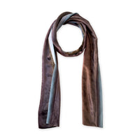 Multicolored velvet scarf on a white background. Hand-painted velvet scarf by Otta-Italy, 180 x 18 cm, featuring brown and blue shades of colors. Luxury Italian velvet, soft and warm scarf for women and men.
