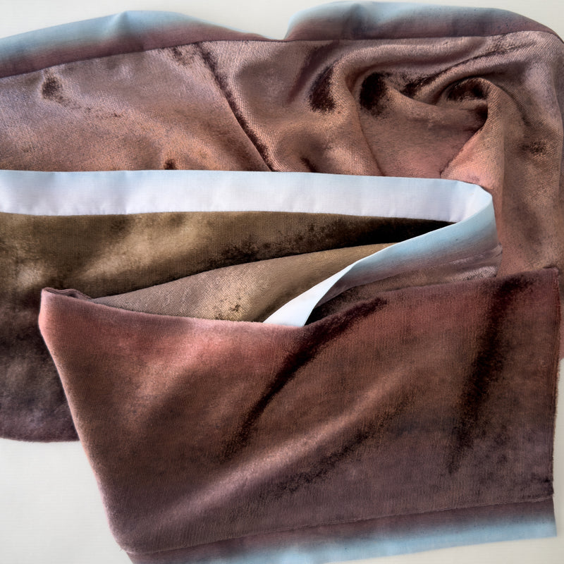 Close-up of fabric. Hand-painted velvet scarf by Otta-Italy, 180 x 18 cm, featuring brown and blue colors. Luxury Italian velvet scarf, soft and warm scarf for women and men.
