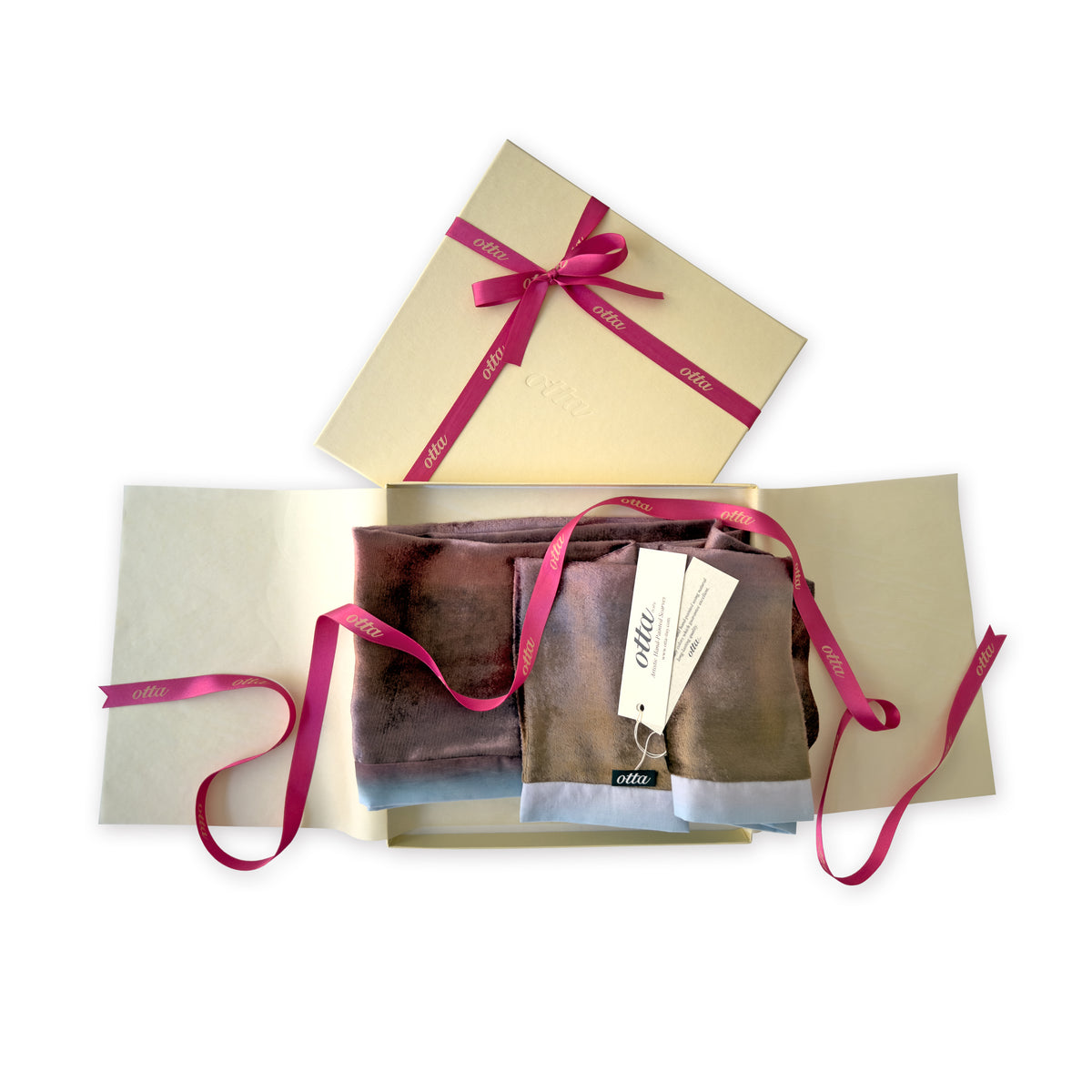 Set of scarves in a gift box with a pink ribbon on a white background. 
Hand-painted velvet scarf by Otta-Italy, 180 x 18 cm, featuring brown and blue colors. Luxury Italian velvet scarf, soft and warm scarf for women and men.
