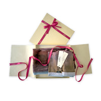 Set of scarves in a gift box with a pink ribbon on a white background. 
Hand-painted velvet scarf by Otta-Italy, 180 x 18 cm, featuring brown and blue colors. Luxury Italian velvet scarf, soft and warm scarf for women and men.
