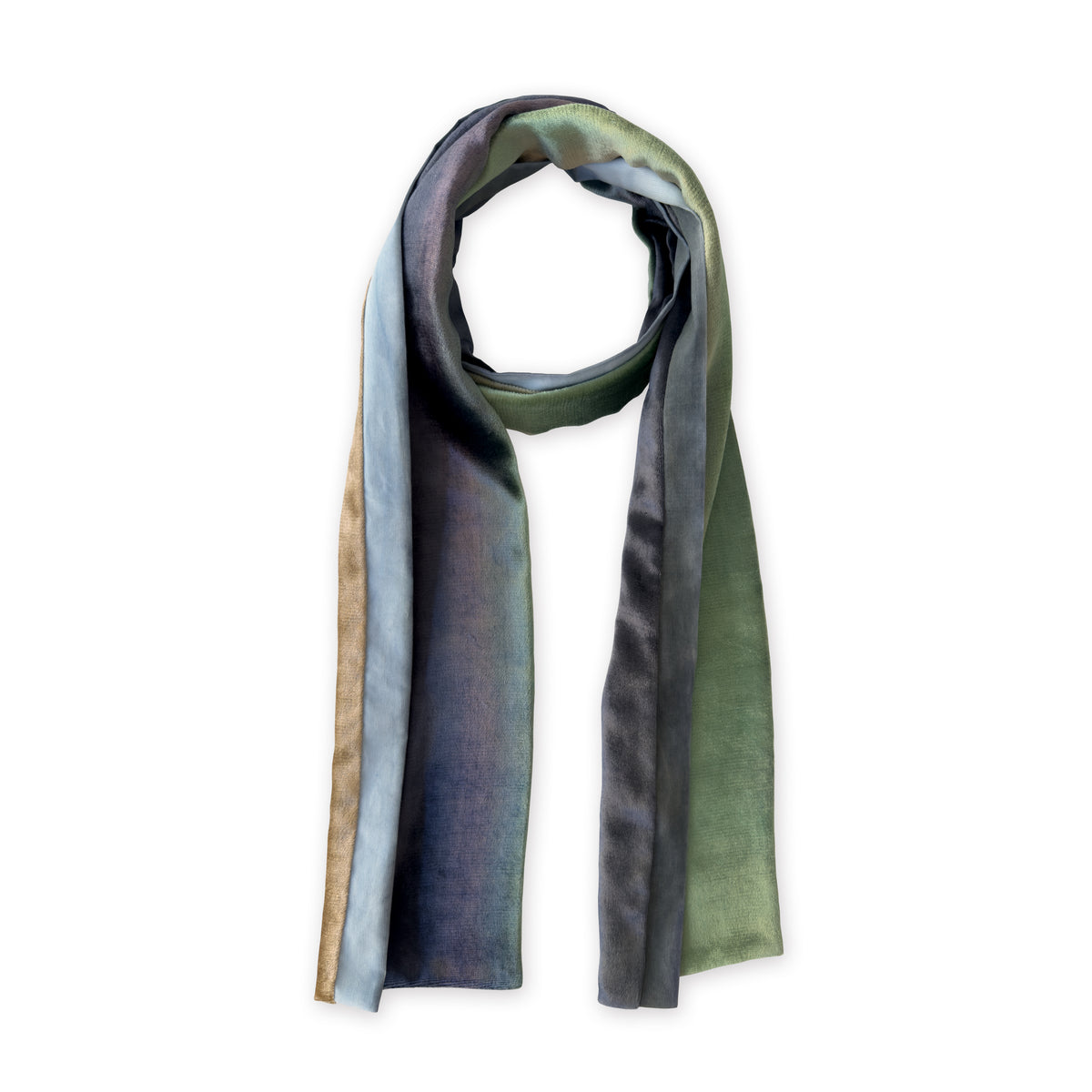 Multicolored velvet scarf on a white background. Hand-painted velvet scarf by Otta-Italy, 182 x 18 cm, featuring green, beige and blue navy shades of colors. Luxury Italian velvet, soft and warm scarf for women and men.
