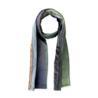 Multicolored velvet scarf on a white background. Hand-painted velvet scarf by Otta-Italy, 182 x 18 cm, featuring green, beige and blue navy shades of colors. Luxury Italian velvet, soft and warm scarf for women and men.
