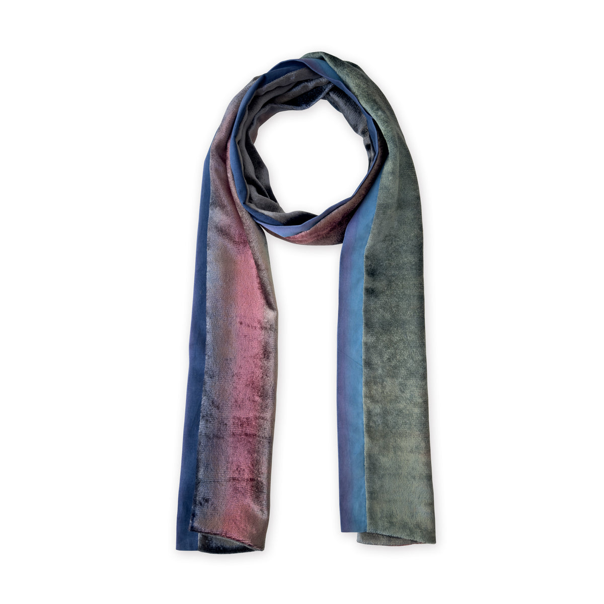 Multicolored velvet scarf on a white background. Hand-painted velvet scarf by Otta-Italy, 180 x 20 cm, featuring green, pink and blue navy shades of colors. Luxury Italian velvet, soft and warm scarf for women and men.
