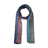 Multicolored velvet scarf on a white background. Hand-painted velvet scarf by Otta-Italy, 180 x 20 cm, featuring green, pink and blue navy shades of colors. Luxury Italian velvet, soft and warm scarf for women and men.
