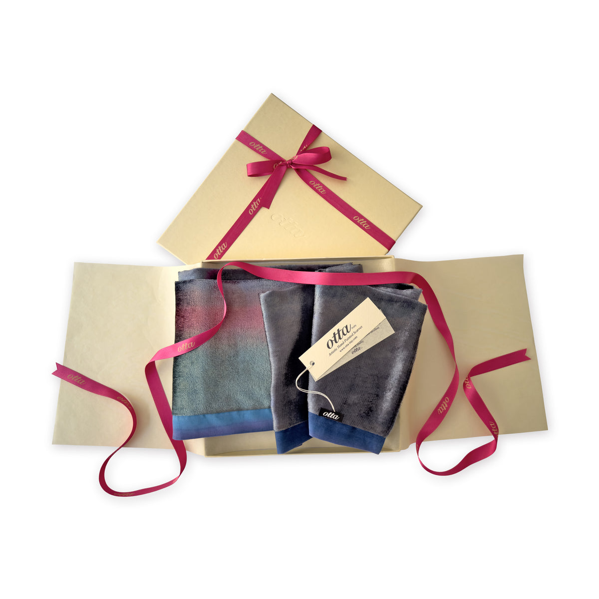 Set of scarves in a gift box with a pink ribbon on a white background. 
Hand-painted velvet scarf by Otta-Italy, 180 x 20 cm, featuring green, pink and blue navy colors. Luxury Italian velvet scarf, soft and warm scarf for women and men.
