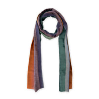 Multicolored velvet scarf on a white background. Hand-painted velvet scarf by Otta-Italy, 181 x 18 cm, featuring green, red and purple shades of colors. Luxury Italian velvet, soft and warm scarf for women and men.
