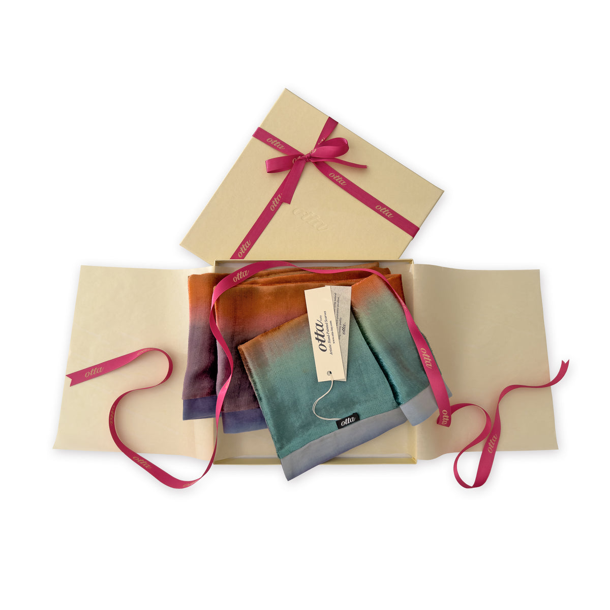 Set of scarves in a gift box with a pink ribbon on a white background. 
Hand-painted velvet scarf by Otta-Italy, 181 x 18 cm, featuring green, red and purple colors. Luxury Italian velvet scarf, soft and warm scarf for women and men.
