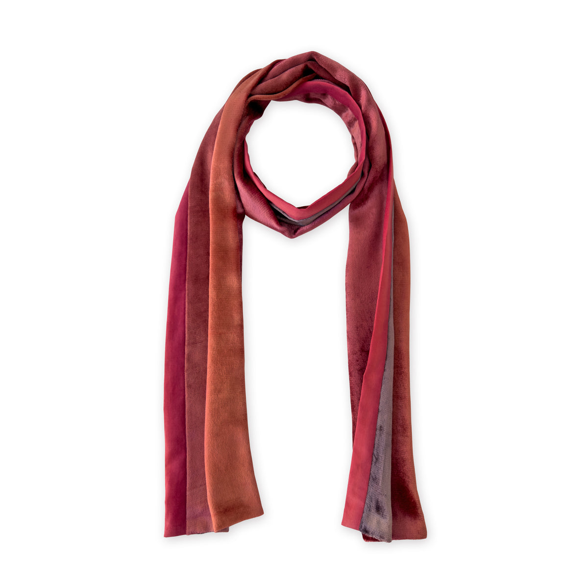 Multicolored velvet scarf on a white background. Hand-painted velvet scarf by Otta-Italy, 184 x 17 cm, featuring red and purple shades of colors. Luxury Italian velvet, soft and warm scarf for women and men.
