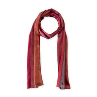 Multicolored velvet scarf on a white background. Hand-painted velvet scarf by Otta-Italy, 184 x 17 cm, featuring red and purple shades of colors. Luxury Italian velvet, soft and warm scarf for women and men.
