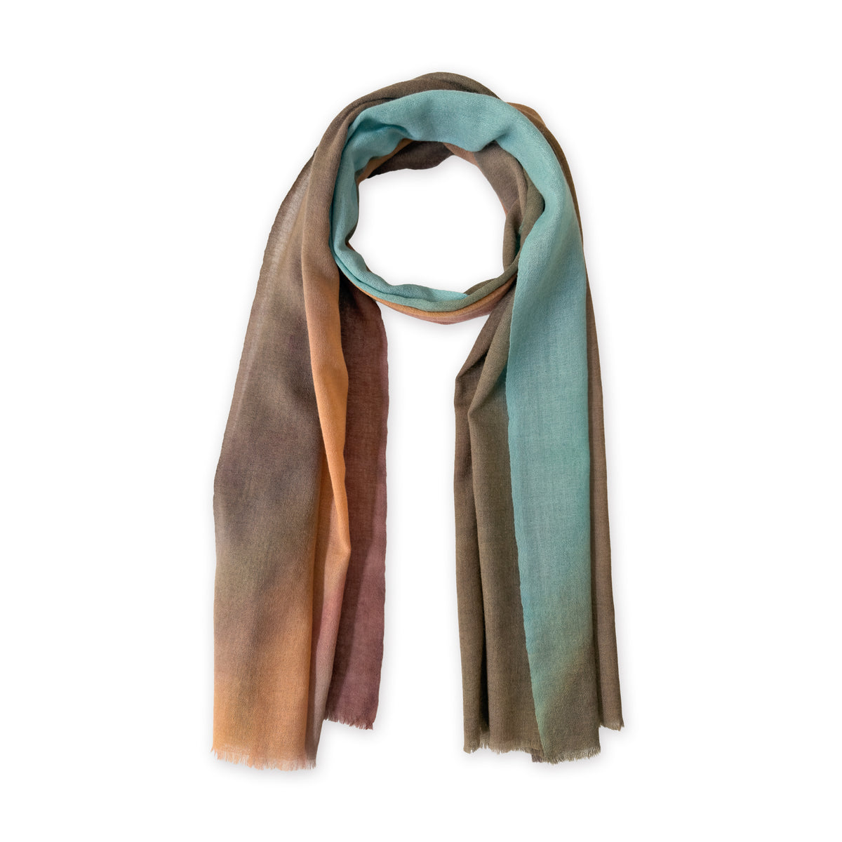 Multicolored wool scarf on a white background. Hand-painted scarf by Otta-Italy, 56 x 177 cm, featuring brown, turquoise, peach shades of colors. Luxury Italian accessory, soft and warm scarf for women and men.
