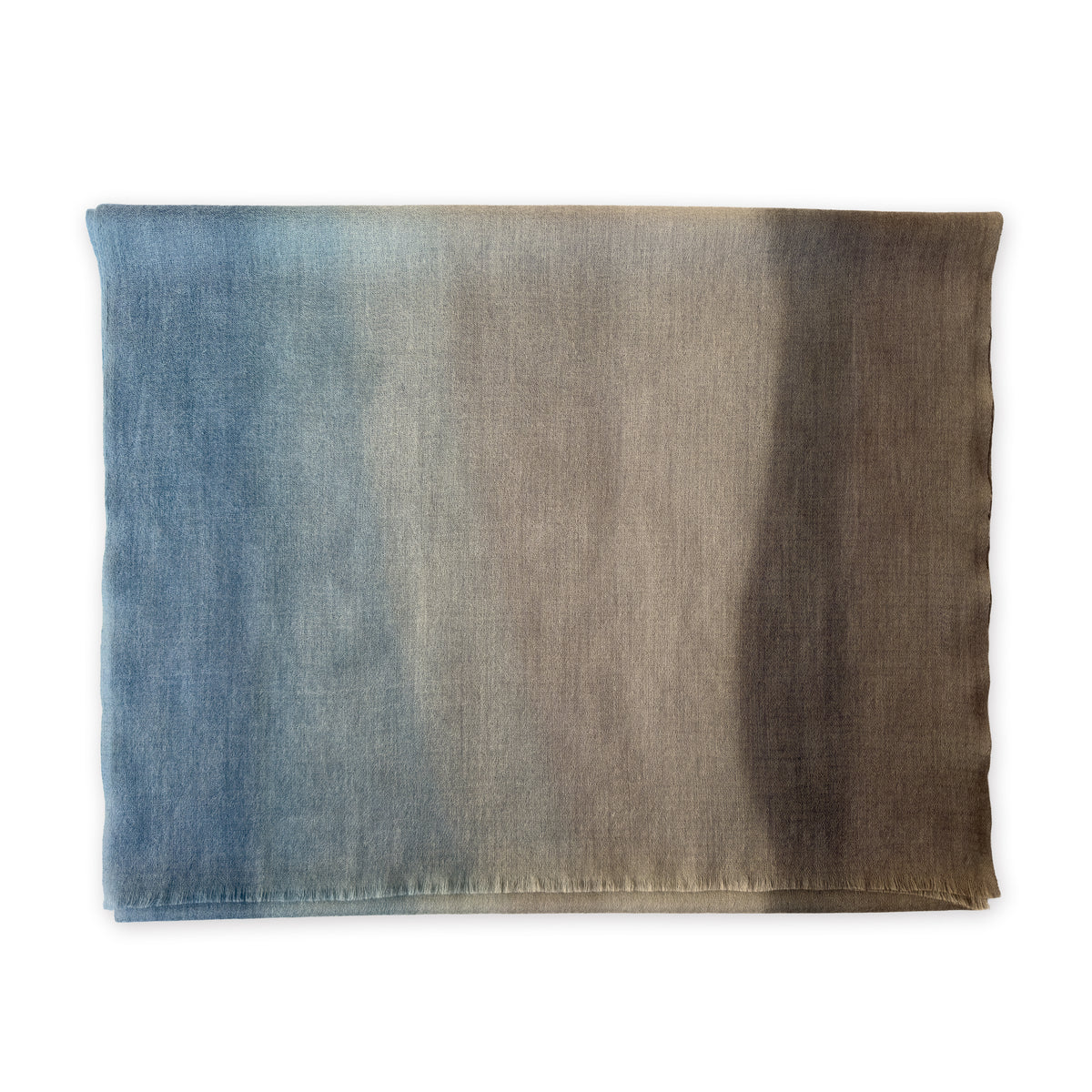 Multicolored wool scarf on a white background. Hand-painted scarf by Otta-Italy, 56 x 177 cm, featuring brown, beige and blue shades of colors. Luxury Italian accessory, soft and warm scarf for women and men.
