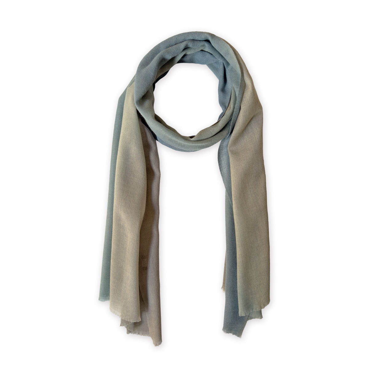 Multicolored wool scarf on a white background. Hand-painted scarf by Otta-Italy, 56 x 177 cm, featuring brown, beige and blue shades of colors. Luxury Italian accessory, soft and warm scarf for women and men.
