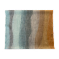 Colorful scarf on a white background. Hand-painted wool scarf by Otta-Italy, 61 x 197 cm, featuring 
blue, gray and ocher. Luxury Italian pure wool accessory, soft and warm scarf for women and men.
