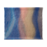 Pure wool hand-painted scarf by Otta-Italy flat lay on a white background. Elegant blue, pink, beige and gray shades. 62 x 203 cm.
