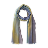 Multicolored wool scarf on a white background. Hand-painted scarf by Otta-Italy, 57 x 180 cm, featuring blue, purple, yellow shades of colors. Luxury Italian accessory, soft and warm scarf for women and men.
