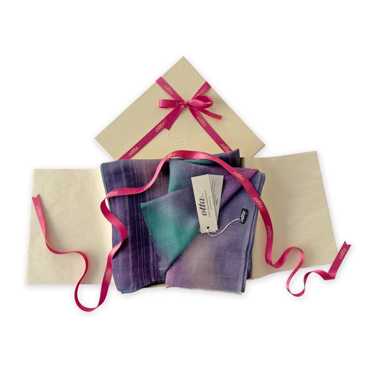 Set of scarves in a gift box with a pink ribbon on a white background. 
Hand-painted wool scarf by Otta-Italy, 61 x 197 cm, featuring 
purple, emerald green and light blue. Luxury Italian pure wool accessory, soft and warm scarf for women and men.
