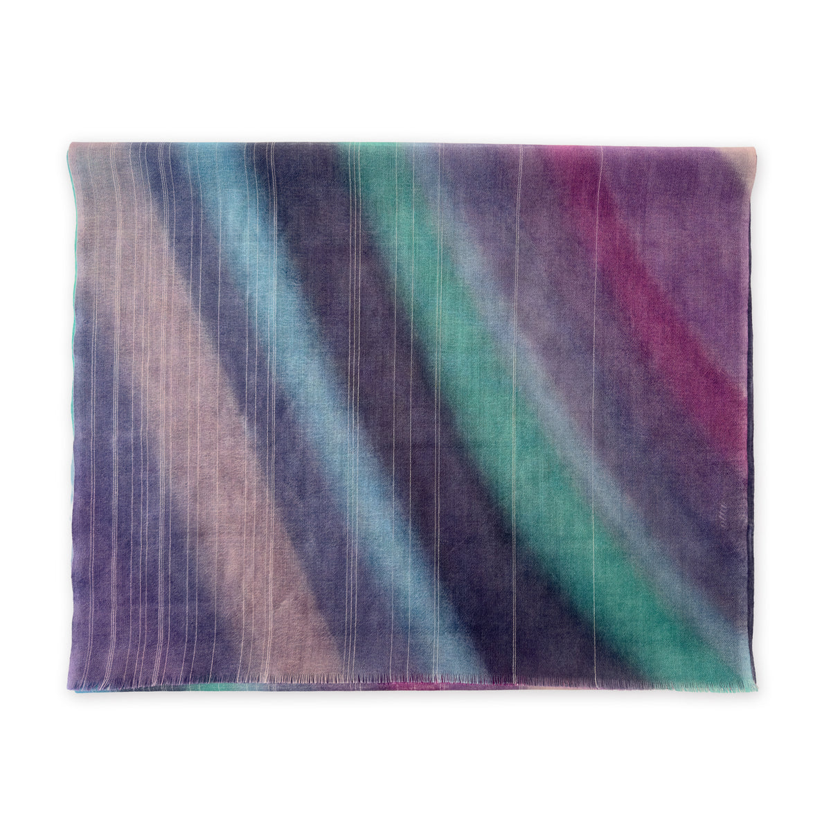 Colorful scarf on a white background. Hand-painted wool scarf by Otta-Italy, 61 x 197 cm, featuring 
purple, emerald green and light blue. Luxury Italian pure wool accessory, soft and warm scarf for women and men.
