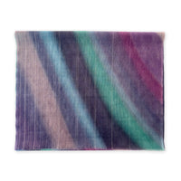 Colorful scarf on a white background. Hand-painted wool scarf by Otta-Italy, 61 x 197 cm, featuring 
purple, emerald green and light blue. Luxury Italian pure wool accessory, soft and warm scarf for women and men.
