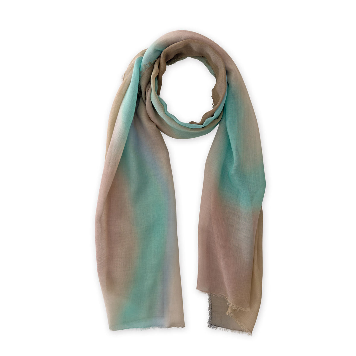 Loosely looped hand-painted Otta wool silk blend scarf on a white background, showcasing its warm texture and length. 69 x 198 cm.
