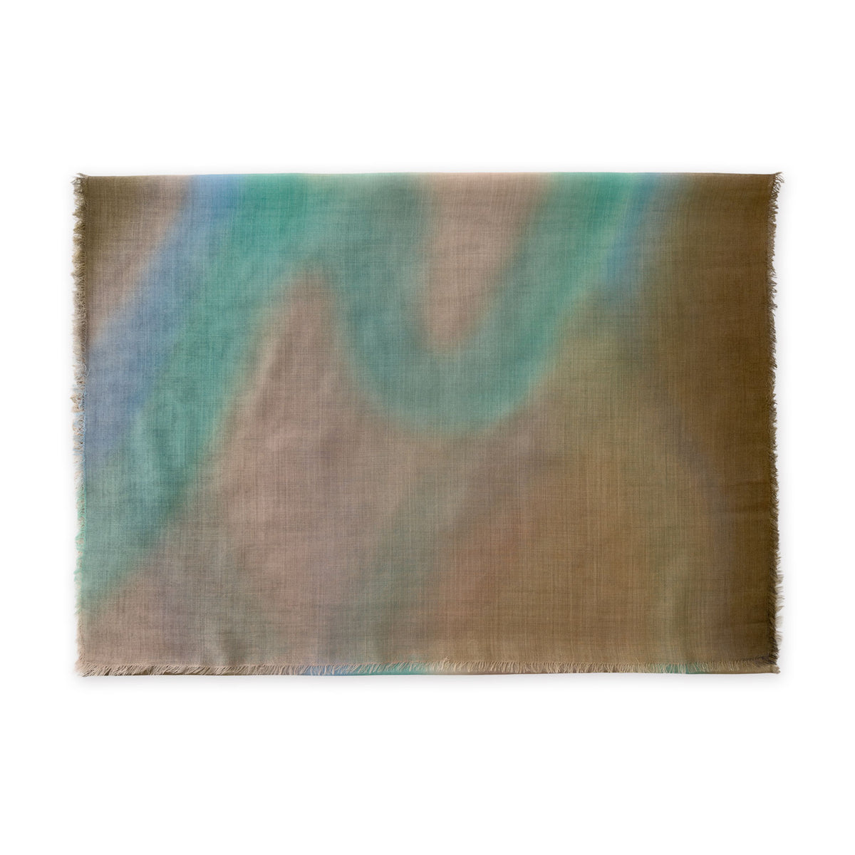 Wool silk blend hand-painted scarf by Otta-Italy flat lay on a white background. Elegant brown, beige, light blue and turquoise shades. 69 x 198 cm.
