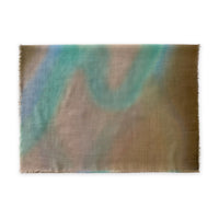 Wool silk blend hand-painted scarf by Otta-Italy flat lay on a white background. Elegant brown, beige, light blue and turquoise shades. 69 x 198 cm.
