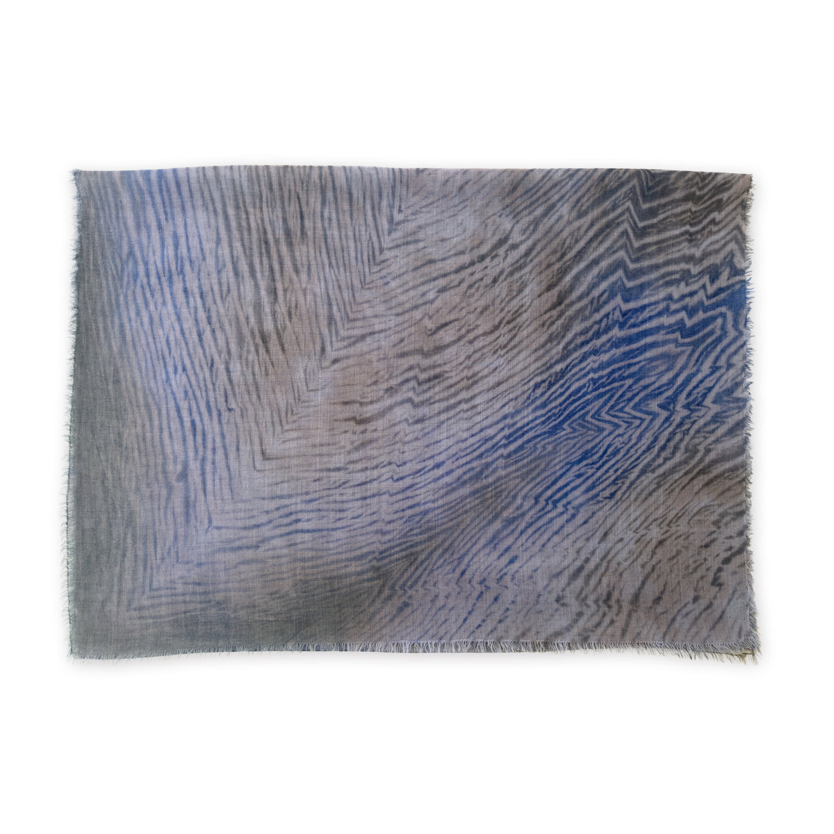 Hand-painted wool silk blend scarf by Otta-Italy on a white background. Blue, light blue and brown luxury accessory.
